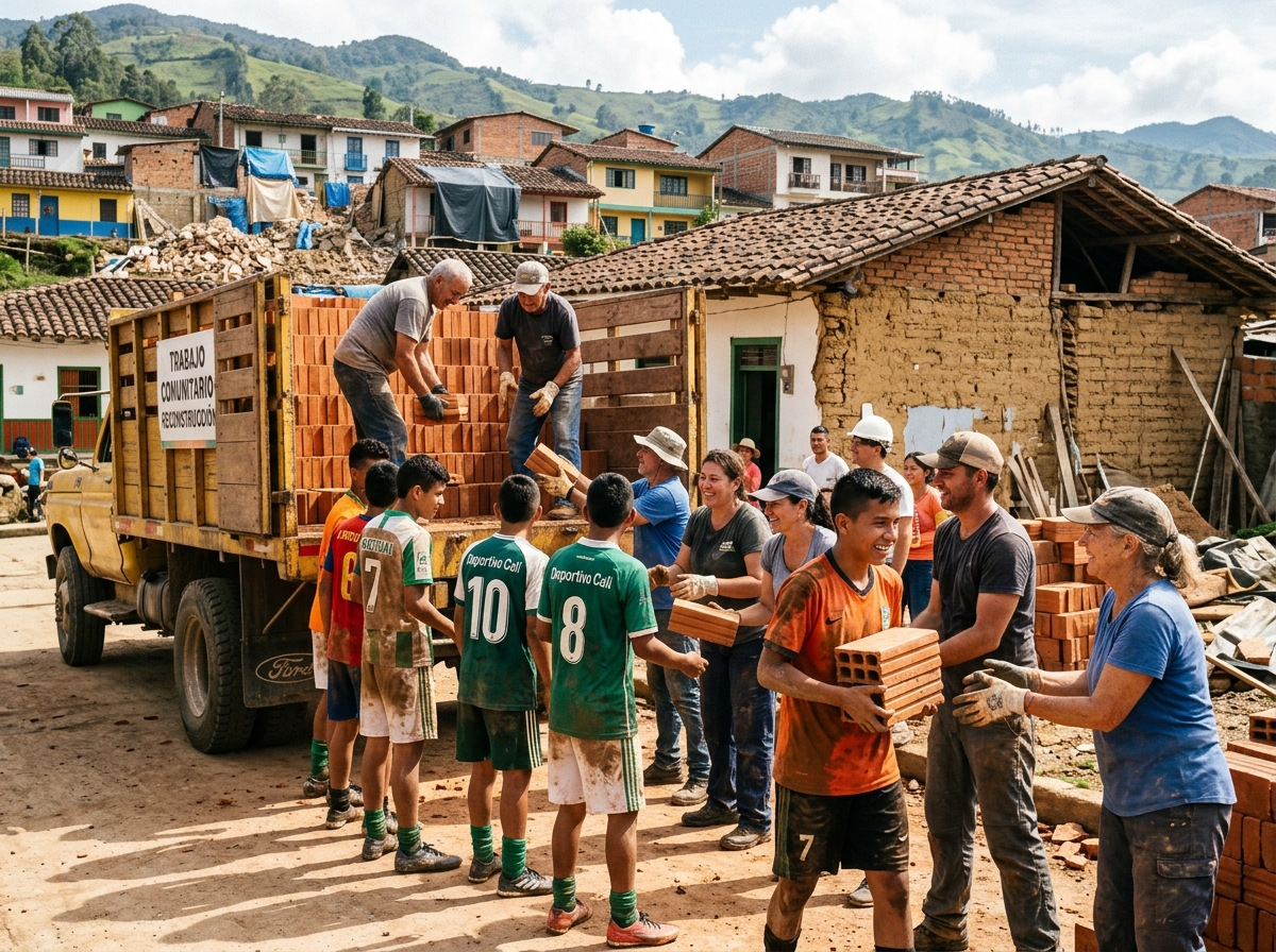 Comunidad y jóvenes futbolistas descargando donación de ladrillos de arcilla de un camión
